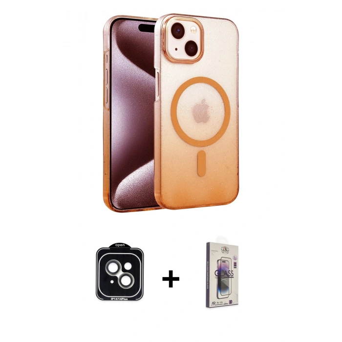 MARSİLYAN™- iPhone 14 Kılıf Ahenk Doku Özel Seri - Siyah Bilvis 3D Cam Ekran Koruyucu + PVD Metal Kamera Lens - YL
