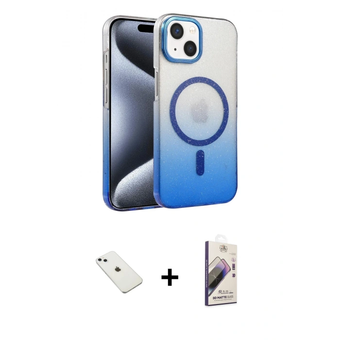 MARSİLYAN™- iPhone 14 Kılıf Ahenk Doku Özel Seri - Siyah Bilvis 3D Mat Cam Ekran Koruyucu + Diamond Kamera Lens - SABE