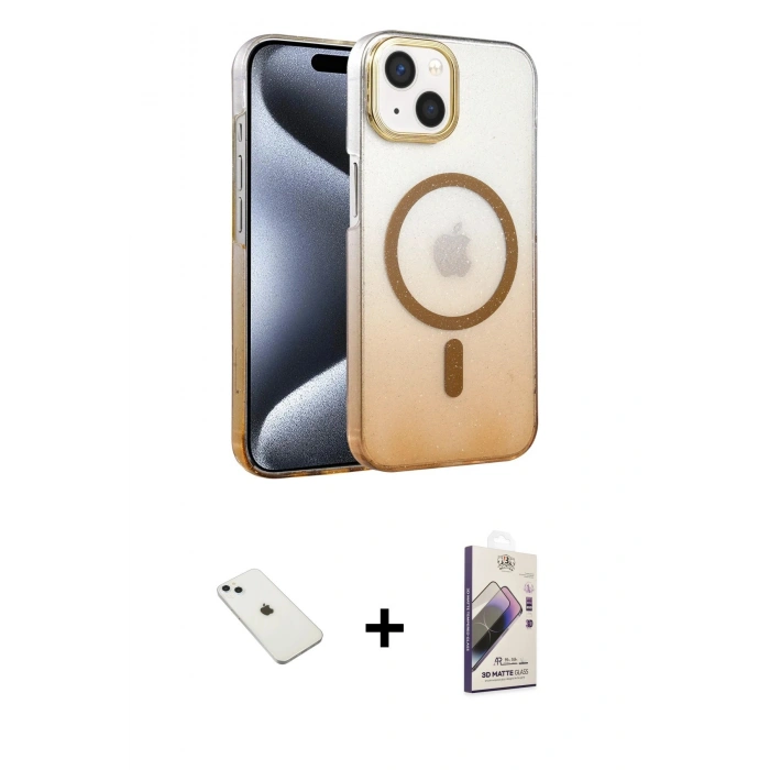 MARSİLYAN™- iPhone 14 Kılıf Ahenk Doku Özel Seri - Siyah Bilvis 3D Mat Cam Ekran Koruyucu + Diamond Kamera Lens - SABE