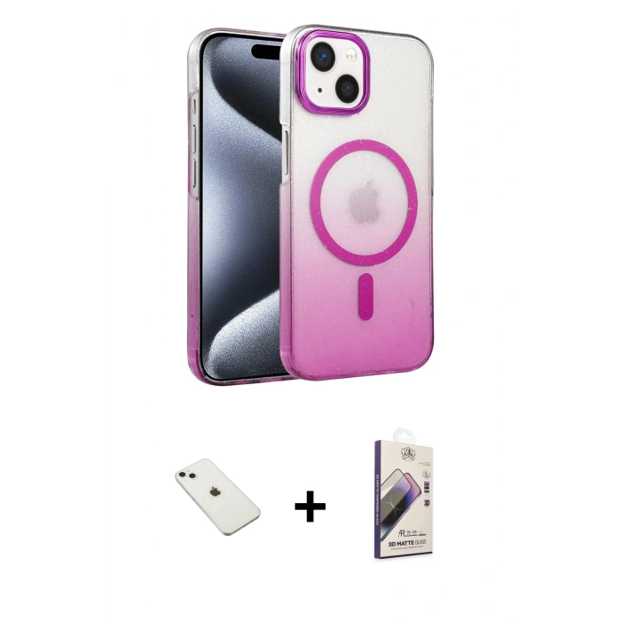 MARSİLYAN™- iPhone 14 Kılıf Ahenk Doku Özel Seri - Siyah Bilvis 3D Mat Cam Ekran Koruyucu + Diamond Kamera Lens - SABE