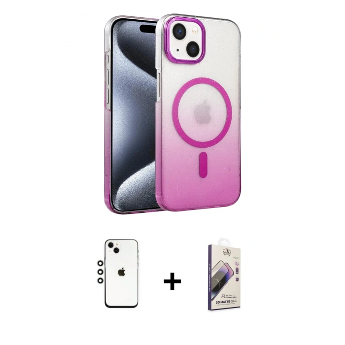 MARSİLYAN™- iPhone 14 Kılıf Ahenk Doku Özel Seri - Siyah Bilvis 3D Mat Cam Ekran Koruyucu + Gümüş Shine Kamera Lens