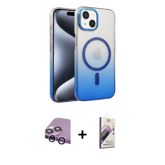 MARSİLYAN™- iPhone 14 Kılıf Ahenk Doku Özel Seri - Siyah Bilvis 3D Mat Cam Ekran Koruyucu + Raze Metal Kamera Lens - MR