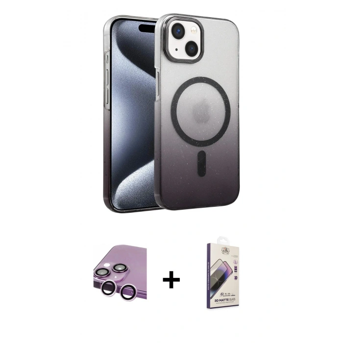 MARSİLYAN™- iPhone 14 Kılıf Ahenk Doku Özel Seri - Siyah Bilvis 3D Mat Cam Ekran Koruyucu + Raze Metal Kamera Lens - MR