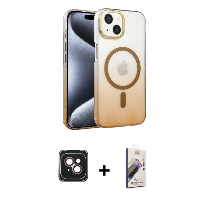 MARSİLYAN™- iPhone 14 Kılıf Ahenk Doku Özel Seri - Siyah Bilvis 3D Mat Cam Ekran Koruyucu + Pembe PVD Metal Kamera Lens
