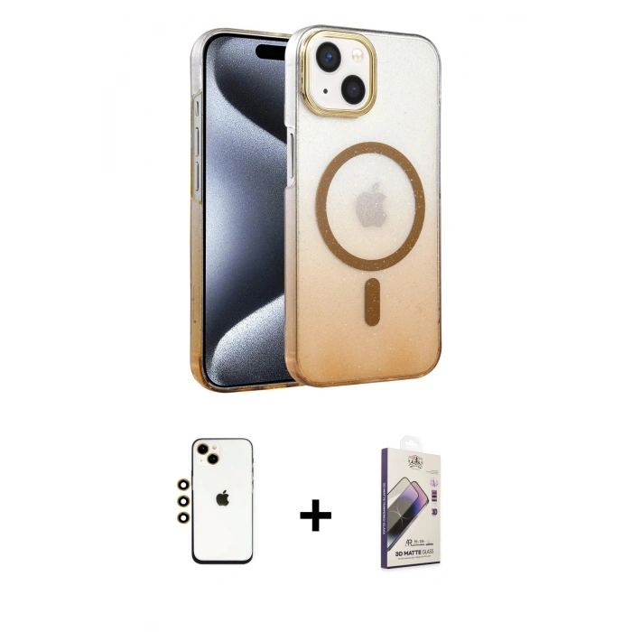 MARSİLYAN™- iPhone 14 Kılıf Ahenk Doku Özel Seri - Siyah Bilvis 3D Mat Cam Ekran Koruyucu + Shine Kamera Lens - GD