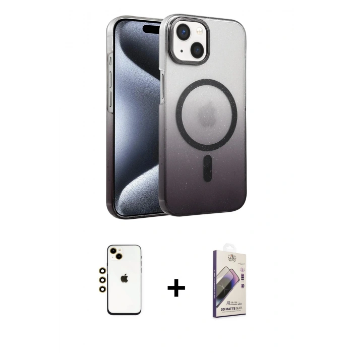 MARSİLYAN™- iPhone 14 Kılıf Ahenk Doku Özel Seri - Siyah Bilvis 3D Mat Cam Ekran Koruyucu + Shine Kamera Lens - GD