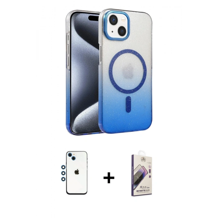 MARSİLYAN™- iPhone 14 Kılıf Ahenk Doku Özel Seri - Siyah Bilvis 3D Mat Cam Ekran Koruyucu + Shine Kamera Lens - MI