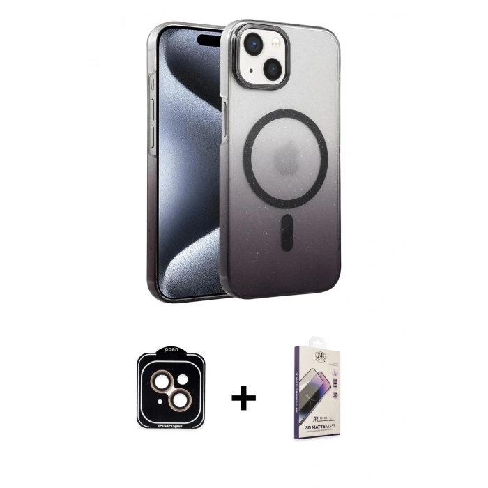 MARSİLYAN™- iPhone 14 Kılıf Ahenk Doku Özel Seri - Siyah Bilvis 3D Mat Cam Ekran Koruyucu + PVD Metal Kamera Lens - TU