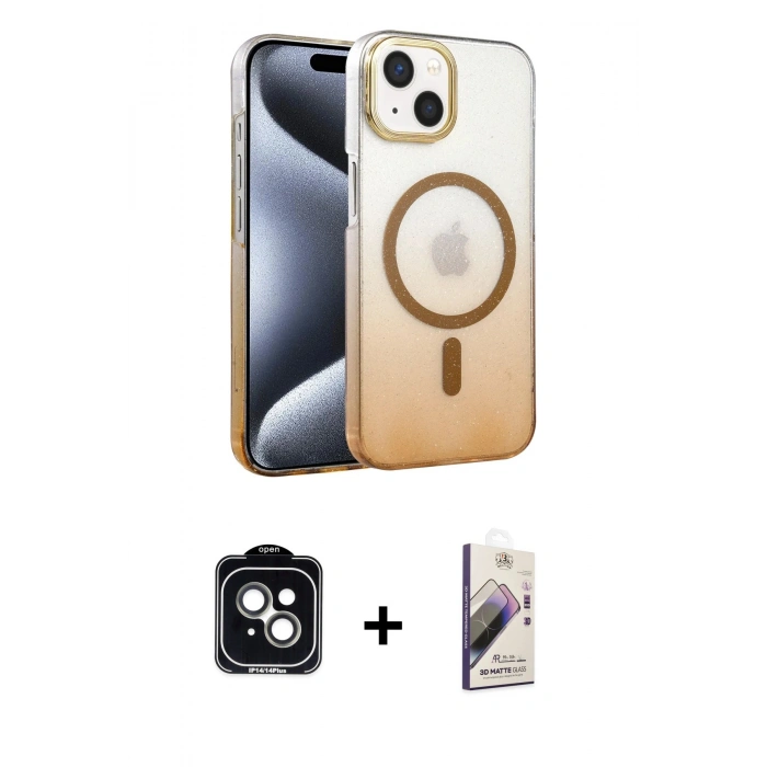 MARSİLYAN™- iPhone 14 Kılıf Ahenk Doku Özel Seri - Siyah Bilvis 3D Mat Cam Ekran Koruyucu + Yeşil PVD Metal Kamera Lens