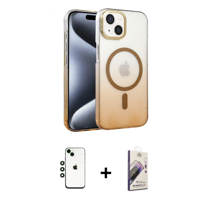 MARSİLYAN™- iPhone 14 Kılıf Ahenk Doku Özel Seri - Siyah Bilvis 3D Mat Cam Ekran Koruyucu + Shine Kamera Lens - YL