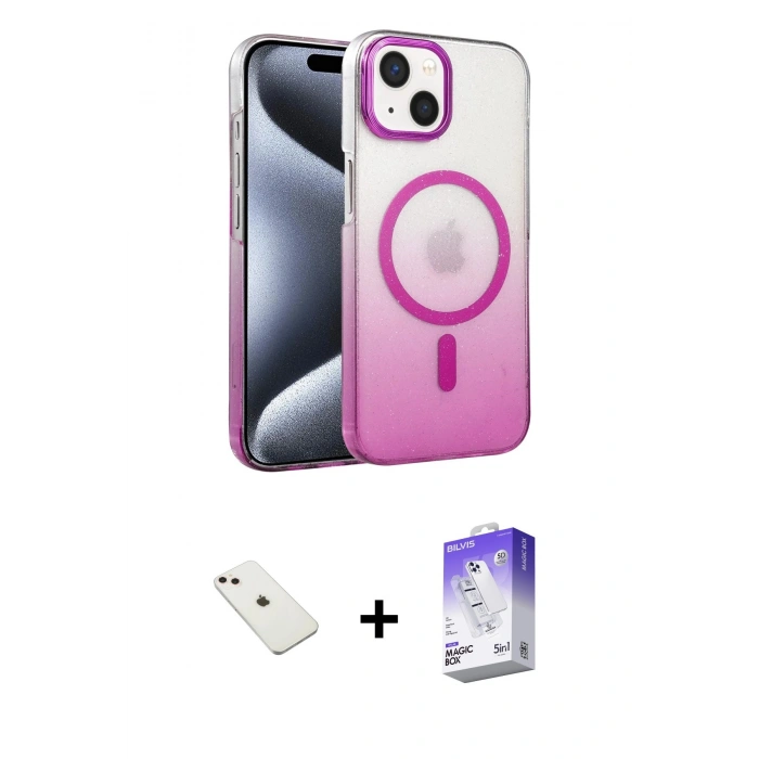 MARSİLYAN™- iPhone 14 Kılıf Ahenk Doku Özel Seri - Siyah Bilvis 5in1 3D Magic Cam Ekran Koruyucu + Diamond Kamera Lens - PE