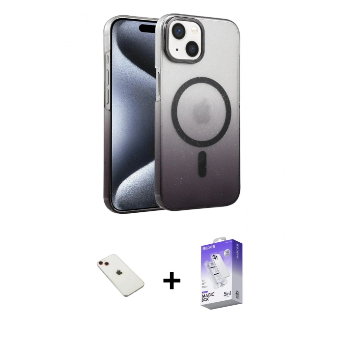 MARSİLYAN™- iPhone 14 Kılıf Ahenk Doku Özel Seri - Siyah Bilvis 5in1 3D Magic Cam Ekran Koruyucu + Diamond Kamera Lens - KI