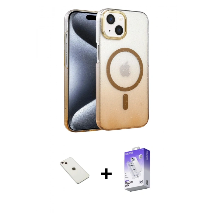 MARSİLYAN™- iPhone 14 Kılıf Ahenk Doku Özel Seri - Siyah Bilvis 5in1 3D Magic Cam Ekran Koruyucu + Diamond Kamera Lens - PE