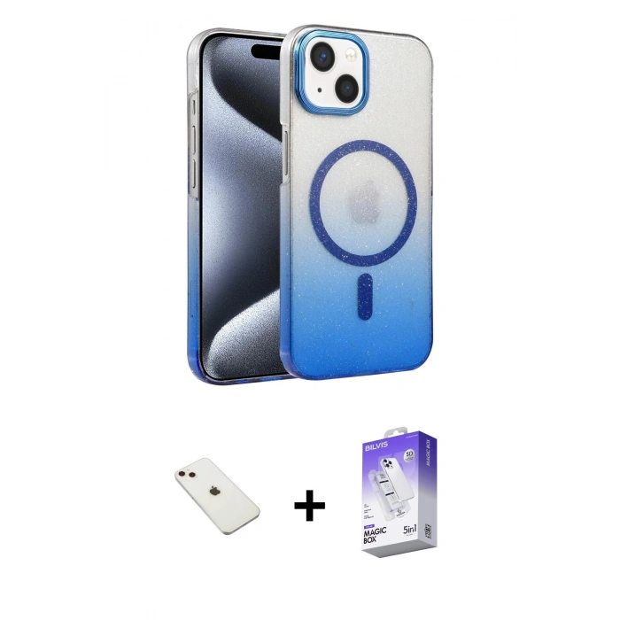 MARSİLYAN™- iPhone 14 Kılıf Ahenk Doku Özel Seri - Siyah Bilvis 5in1 3D Magic Cam Ekran Koruyucu + Diamond Kamera Lens - PE