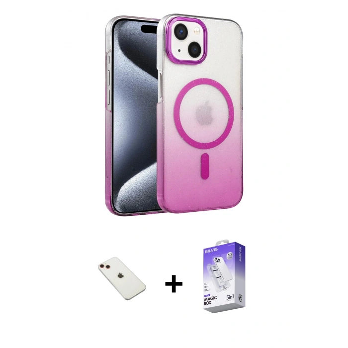 MARSİLYAN™- iPhone 14 Kılıf Ahenk Doku Özel Seri - Siyah Bilvis 5in1 3D Magic Cam Ekran Koruyucu + Diamond Kamera Lens - KI
