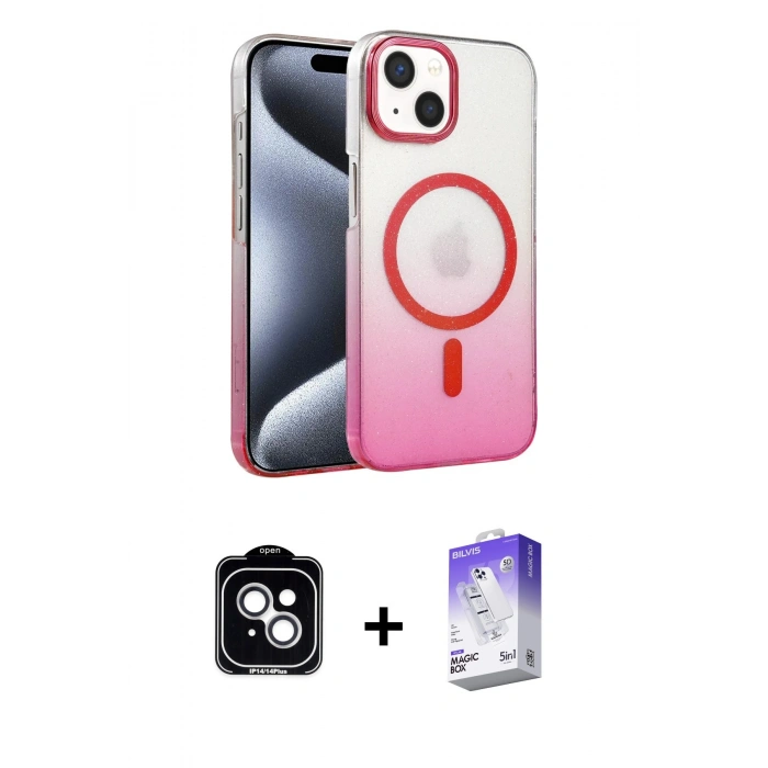 MARSİLYAN™- iPhone 14 Kılıf Ahenk Doku Özel Seri - Siyah Bilvis 5in1 3D Magic Cam Ekran Koruyucu + PVD Metal Kamera Lens - GS