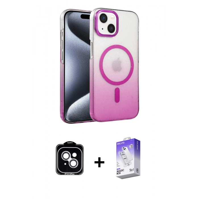 MARSİLYAN™- iPhone 14 Kılıf Ahenk Doku Özel Seri - Siyah Bilvis 5in1 3D Magic Cam Ekran Koruyucu + PVD Metal Kamera Lens - GS