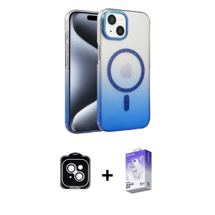 MARSİLYAN™- iPhone 14 Kılıf Ahenk Doku Özel Seri - Siyah Bilvis 5in1 3D Magic Cam Ekran Koruyucu + PVD Metal Kamera Lens - GS
