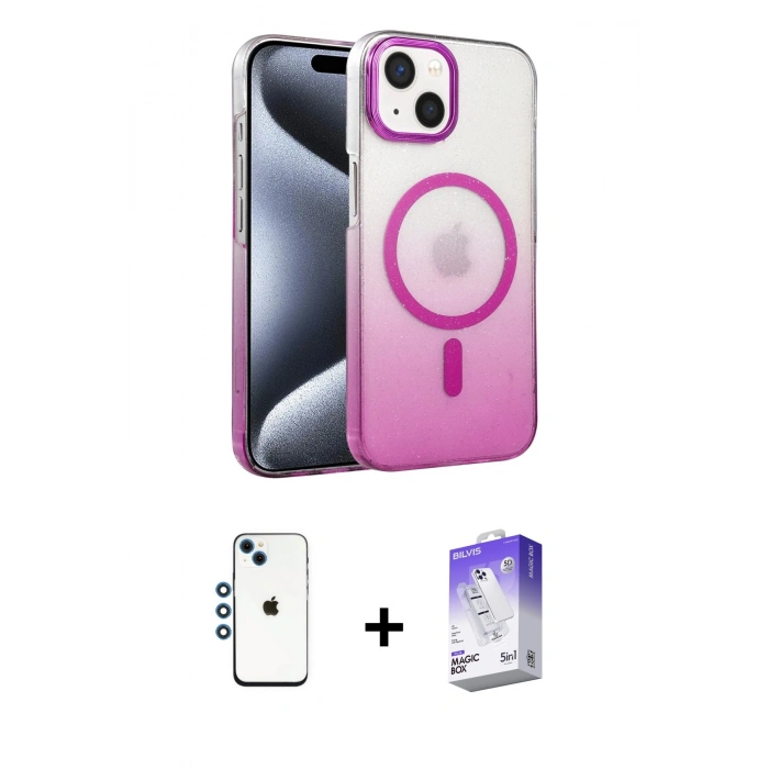 MARSİLYAN™- iPhone 14 Kılıf Ahenk Doku Özel Seri - Siyah Bilvis 5in1 3D Magic Cam Ekran Koruyucu + Shine Kamera Lens - MI