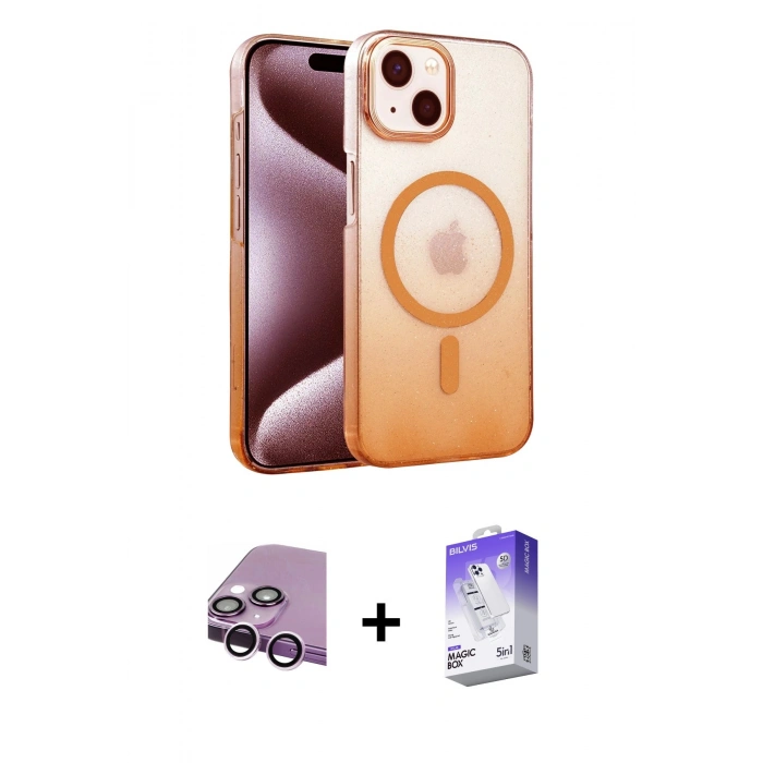 MARSİLYAN™- iPhone 14 Kılıf Ahenk Doku Özel Seri - Siyah Bilvis 5in1 3D Magic Cam Ekran Koruyucu + Mor Raze Metal Kamera Lens