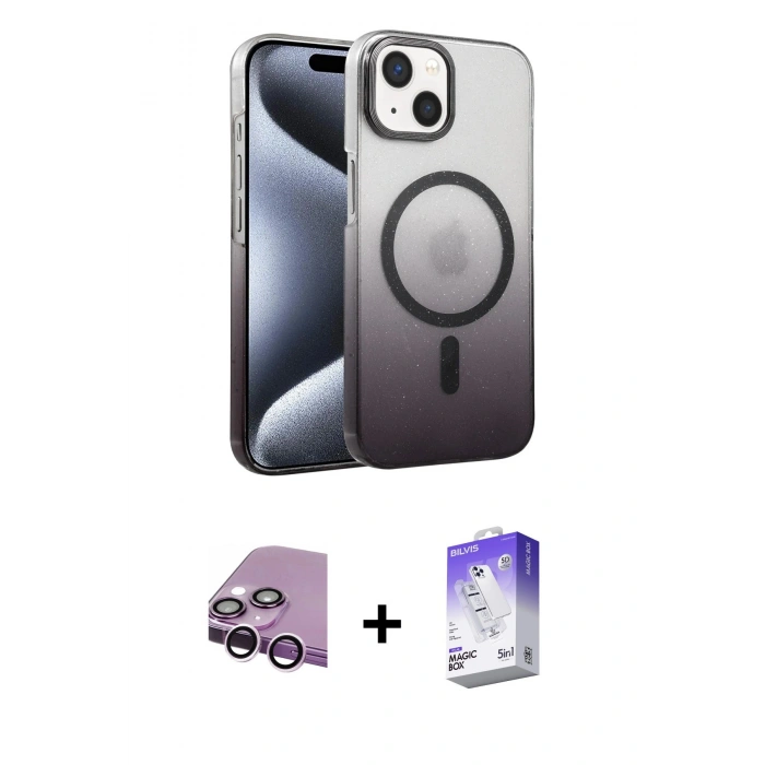 MARSİLYAN™- iPhone 14 Kılıf Ahenk Doku Özel Seri - Siyah Bilvis 5in1 3D Magic Cam Ekran Koruyucu + Mor Raze Metal Kamera Lens