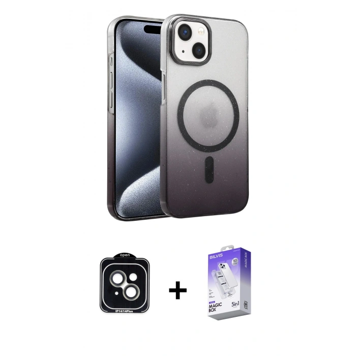 MARSİLYAN™- iPhone 14 Kılıf Ahenk Doku Özel Seri - Siyah Bilvis 5in1 3D Magic Cam Ekran Koruyucu + PVD Metal Kamera Lens - YL