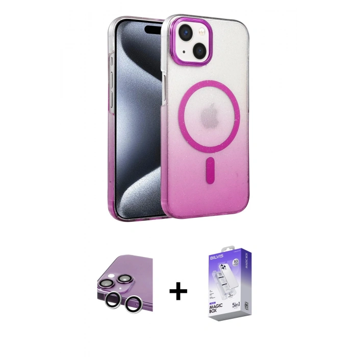 MARSİLYAN™- iPhone 14 Kılıf Ahenk Doku Özel Seri - Siyah Bilvis 5in1 3D Magic Cam Ekran Koruyucu + Raze Metal Kamera Lens - GS