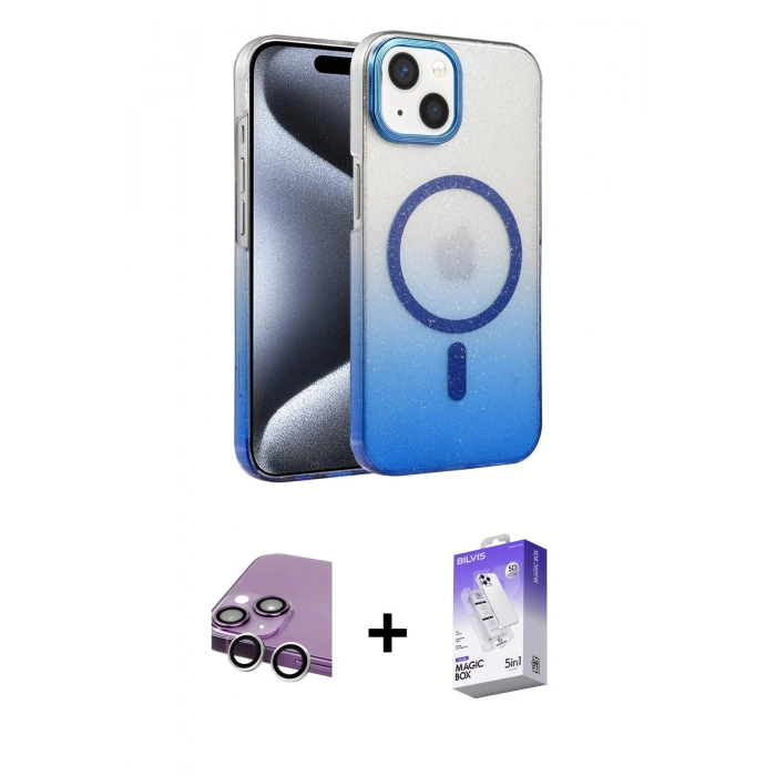 MARSİLYAN™- iPhone 14 Kılıf Ahenk Doku Özel Seri - Siyah Bilvis 5in1 3D Magic Cam Ekran Koruyucu + Raze Metal Kamera Lens - GS