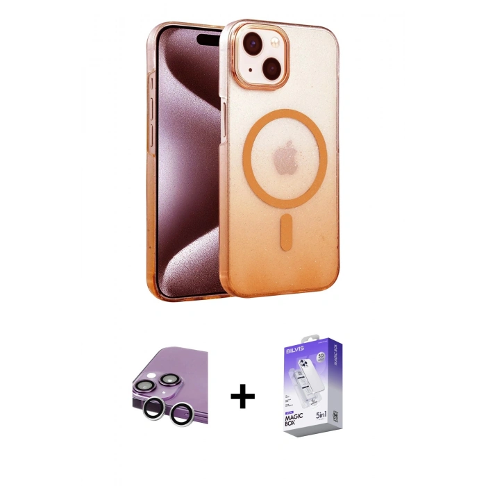 MARSİLYAN™- iPhone 14 Kılıf Ahenk Doku Özel Seri - Siyah Bilvis 5in1 3D Magic Cam Ekran Koruyucu + Raze Metal Kamera Lens - GS