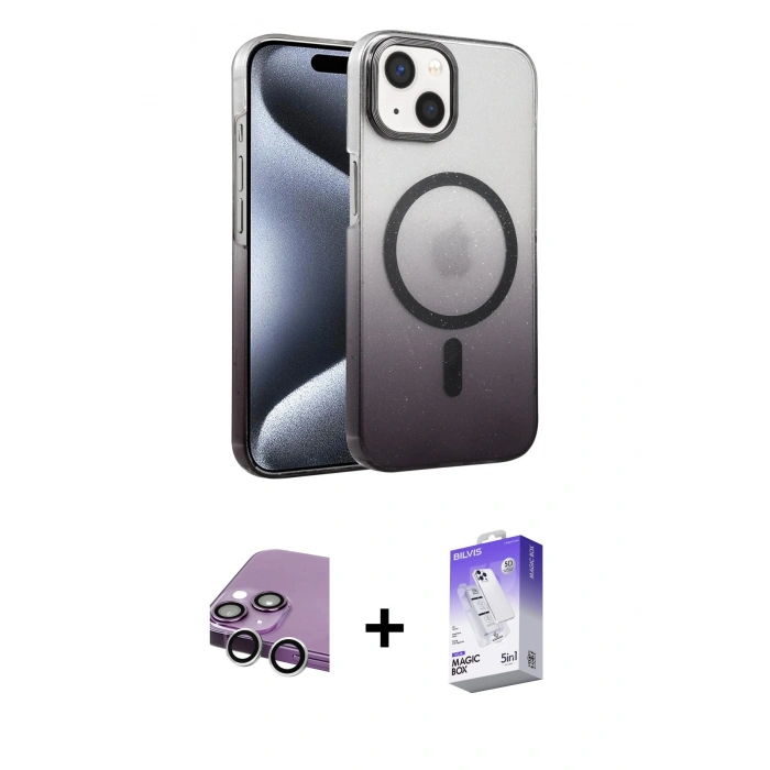 MARSİLYAN™- iPhone 14 Kılıf Ahenk Doku Özel Seri - Siyah Bilvis 5in1 3D Magic Cam Ekran Koruyucu + Raze Metal Kamera Lens - GS