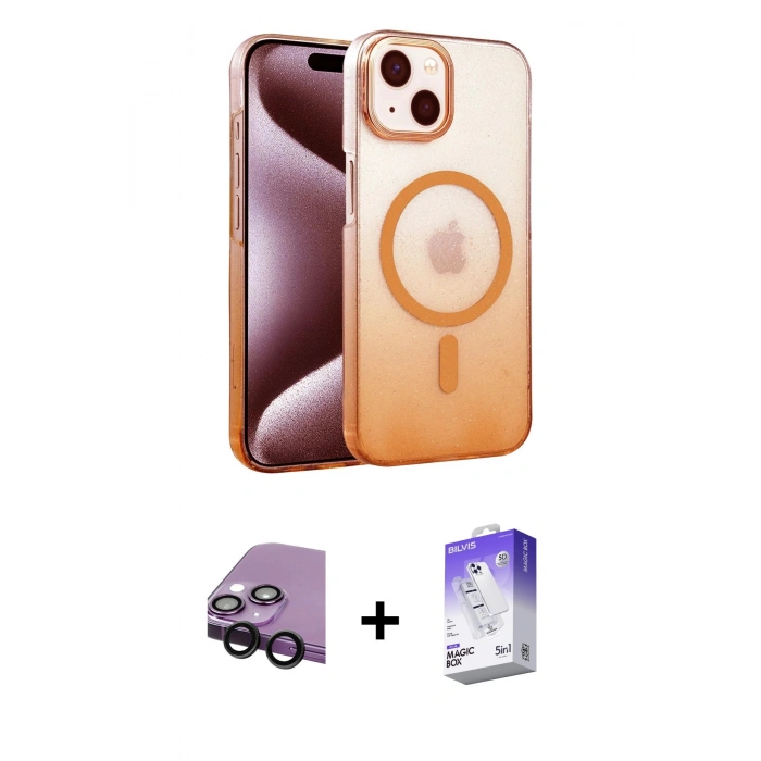 MARSİLYAN™- iPhone 14 Kılıf Ahenk Doku Özel Seri - Siyah Bilvis 5in1 3D Magic Cam Ekran Koruyucu + Raze Metal Kamera Lens - SH