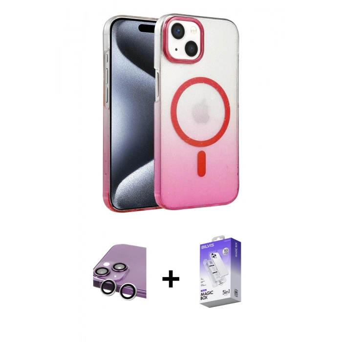 MARSİLYAN™- iPhone 14 Kılıf Ahenk Doku Özel Seri - Siyah Bilvis 5in1 3D Magic Cam Ekran Koruyucu + Raze Metal Kamera Lens - GS