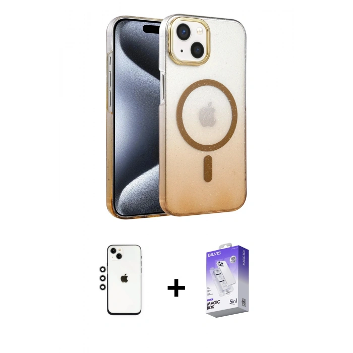 MARSİLYAN™- iPhone 14 Kılıf Ahenk Doku Özel Seri - Siyah Bilvis 5in1 3D Magic Cam Ekran Koruyucu + Shine Kamera Lens - GS