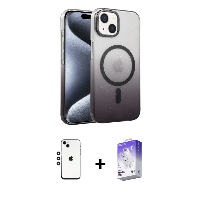 MARSİLYAN™- iPhone 14 Kılıf Ahenk Doku Özel Seri - Siyah Bilvis 5in1 3D Magic Cam Ekran Koruyucu + Shine Kamera Lens - GS