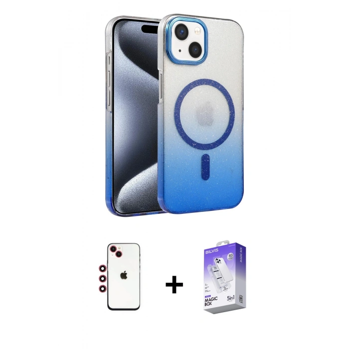 MARSİLYAN™- iPhone 14 Kılıf Ahenk Doku Özel Seri - Siyah Bilvis 5in1 3D Magic Cam Ekran Koruyucu + Shine Kamera Lens - KI