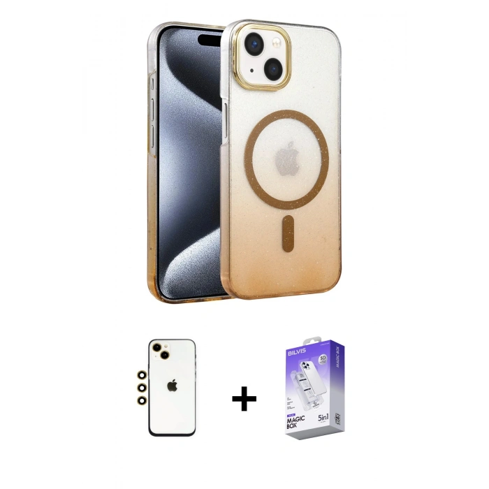 MARSİLYAN™- iPhone 14 Kılıf Ahenk Doku Özel Seri - Siyah Bilvis 5in1 3D Magic Cam Ekran Koruyucu + Shine Kamera Lens - GD