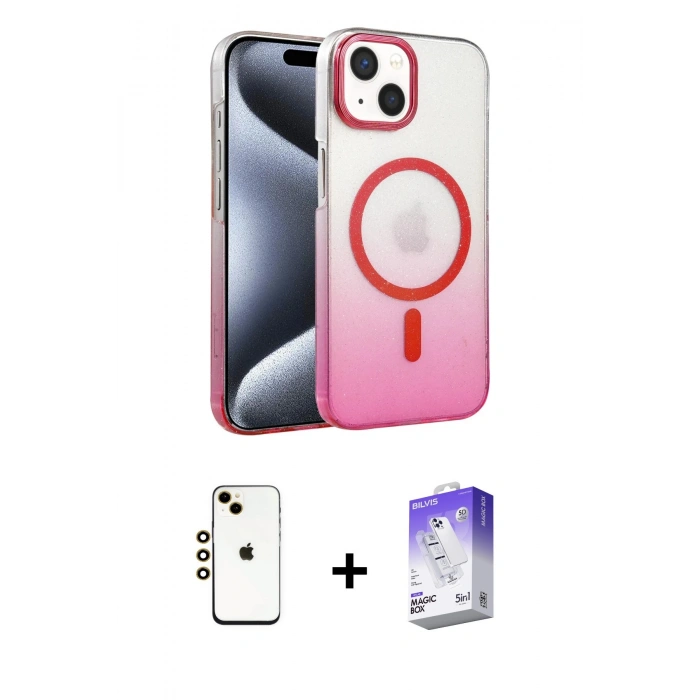 MARSİLYAN™- iPhone 14 Kılıf Ahenk Doku Özel Seri - Siyah Bilvis 5in1 3D Magic Cam Ekran Koruyucu + Shine Kamera Lens - GD