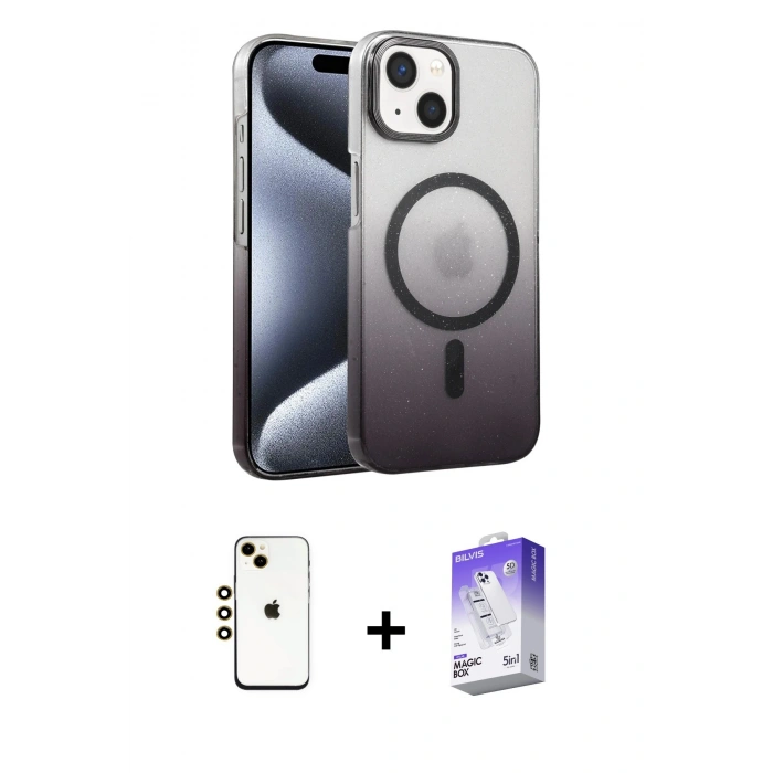 MARSİLYAN™- iPhone 14 Kılıf Ahenk Doku Özel Seri - Siyah Bilvis 5in1 3D Magic Cam Ekran Koruyucu + Shine Kamera Lens - GD