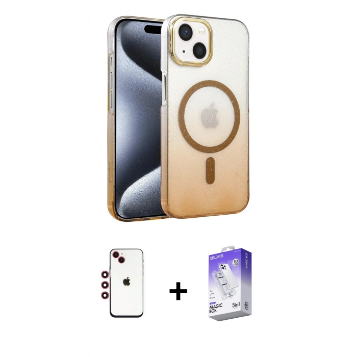 MARSİLYAN™- iPhone 14 Kılıf Ahenk Doku Özel Seri - Siyah Bilvis 5in1 3D Magic Cam Ekran Koruyucu + Shine Kamera Lens - KI
