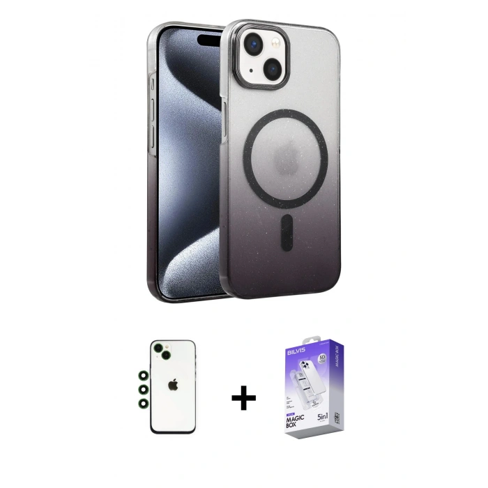 MARSİLYAN™- iPhone 14 Kılıf Ahenk Doku Özel Seri - Siyah Bilvis 5in1 3D Magic Cam Ekran Koruyucu + Shine Kamera Lens - YL