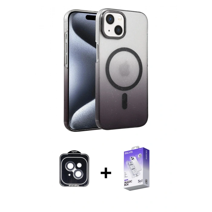 MARSİLYAN™- iPhone 14 Kılıf Ahenk Doku Özel Seri - Siyah Bilvis 5in1 3D Magic Cam Ekran Koruyucu + PVD Metal Kamera Lens - SH