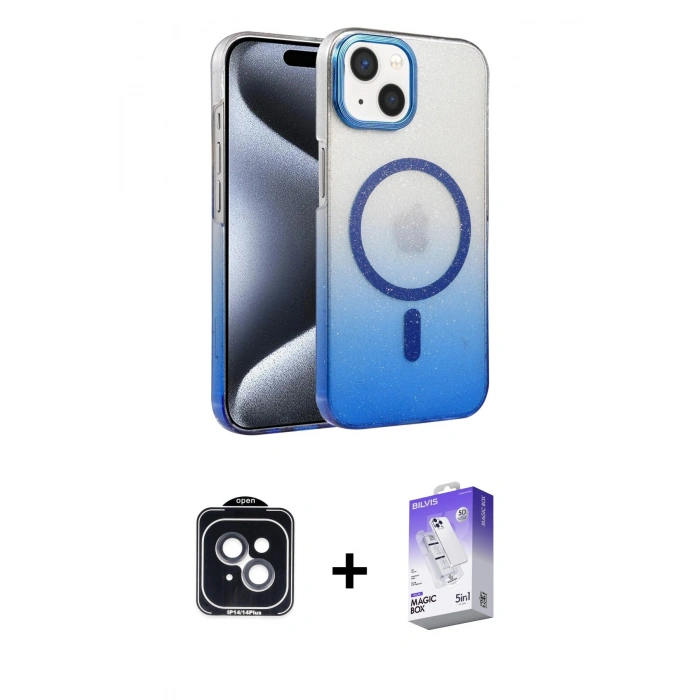 MARSİLYAN™- iPhone 14 Kılıf Ahenk Doku Özel Seri - Siyah Bilvis 5in1 3D Magic Cam Ekran Koruyucu + PVD Metal Kamera Lens - SH