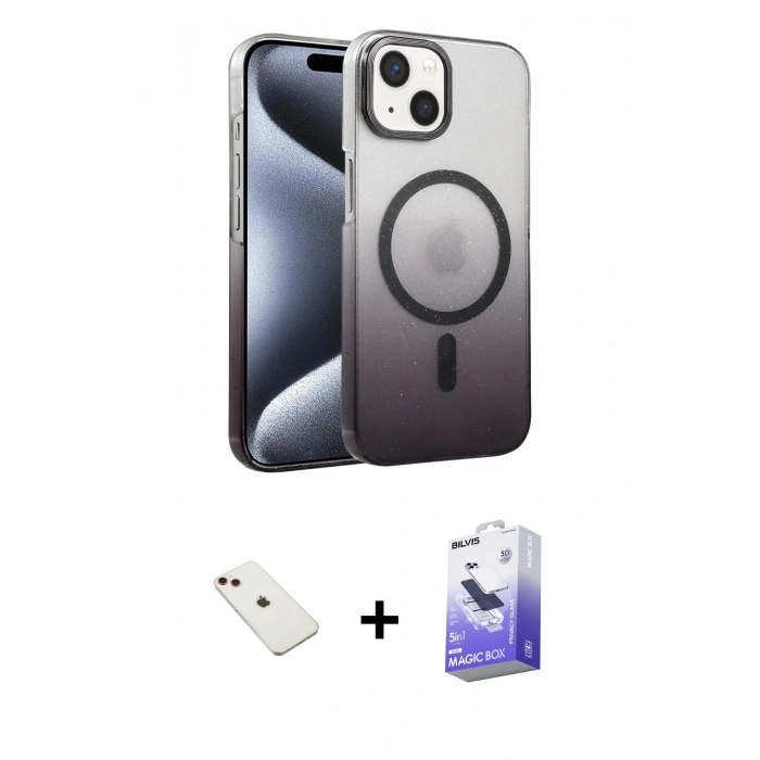MARSİLYAN™- iPhone 14 Kılıf Ahenk Doku Özel Seri - Siyah Bilvis 5in1 5D Magic Hayalet Cam Ekran Koruyucu + Diamond Kamera Lens - KI