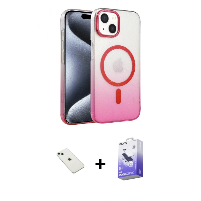 MARSİLYAN™- iPhone 14 Kılıf Ahenk Doku Özel Seri - Siyah Bilvis 5in1 5D Magic Hayalet Cam Ekran Koruyucu + Diamond Kamera Lens - YL