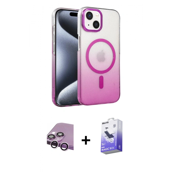 MARSİLYAN™- iPhone 14 Kılıf Ahenk Doku Özel Seri - Siyah Bilvis 5in1 5D Magic Hayalet Cam Ekran Koruyucu + Raze Metal Kamera Lens - MR