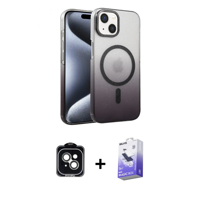 MARSİLYAN™- iPhone 14 Kılıf Ahenk Doku Özel Seri - Siyah Bilvis 5in1 5D Magic Hayalet Cam Ekran Koruyucu + PVD Metal Kamera Lens - YL