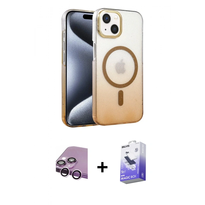 MARSİLYAN™- iPhone 14 Kılıf Ahenk Doku Özel Seri - Siyah Bilvis 5in1 5D Magic Hayalet Cam Ekran Koruyucu + Raze Metal Kamera Lens - MR