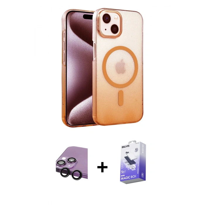 MARSİLYAN™- iPhone 14 Kılıf Ahenk Doku Özel Seri - Siyah Bilvis 5in1 5D Magic Hayalet Cam Ekran Koruyucu + Raze Metal Kamera Lens - SH