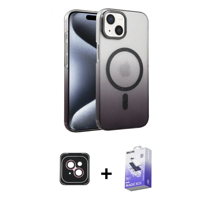 MARSİLYAN™- iPhone 14 Kılıf Ahenk Doku Özel Seri - Siyah Bilvis 5in1 5D Magic Hayalet Cam Ekran Koruyucu + PVD Metal Kamera Lens - PE