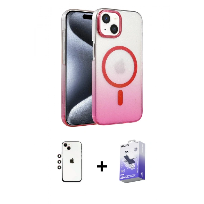 MARSİLYAN™- iPhone 14 Kılıf Ahenk Doku Özel Seri - Siyah Bilvis 5in1 5D Magic Hayalet Cam Ekran Koruyucu + Shine Kamera Lens - GI